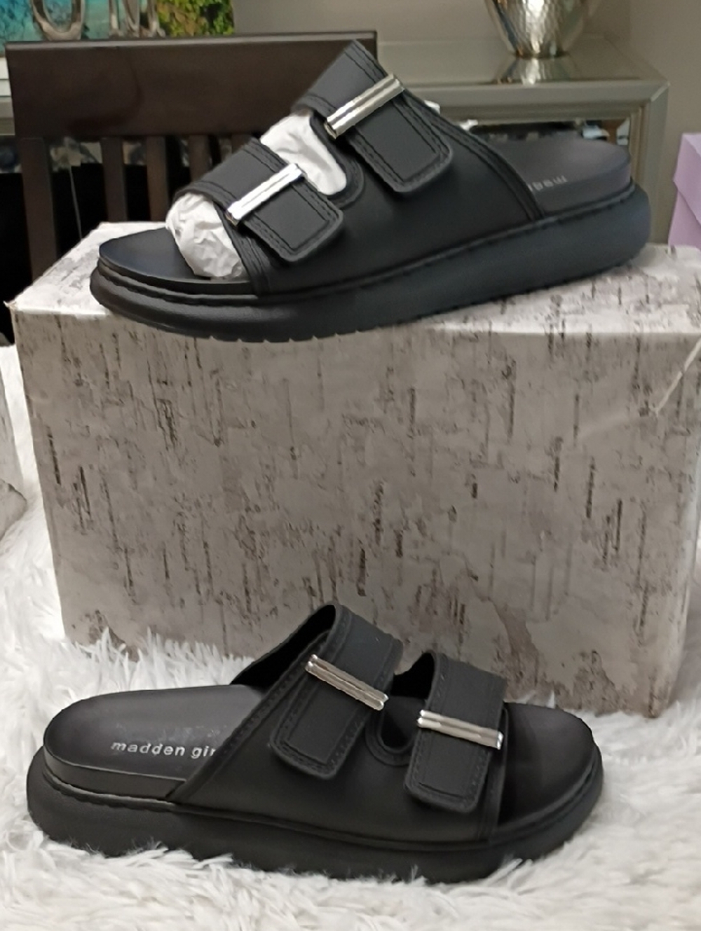 Madden Girl Kingsley Black Double-Strap Slide Sandals with Silver Accents 10M